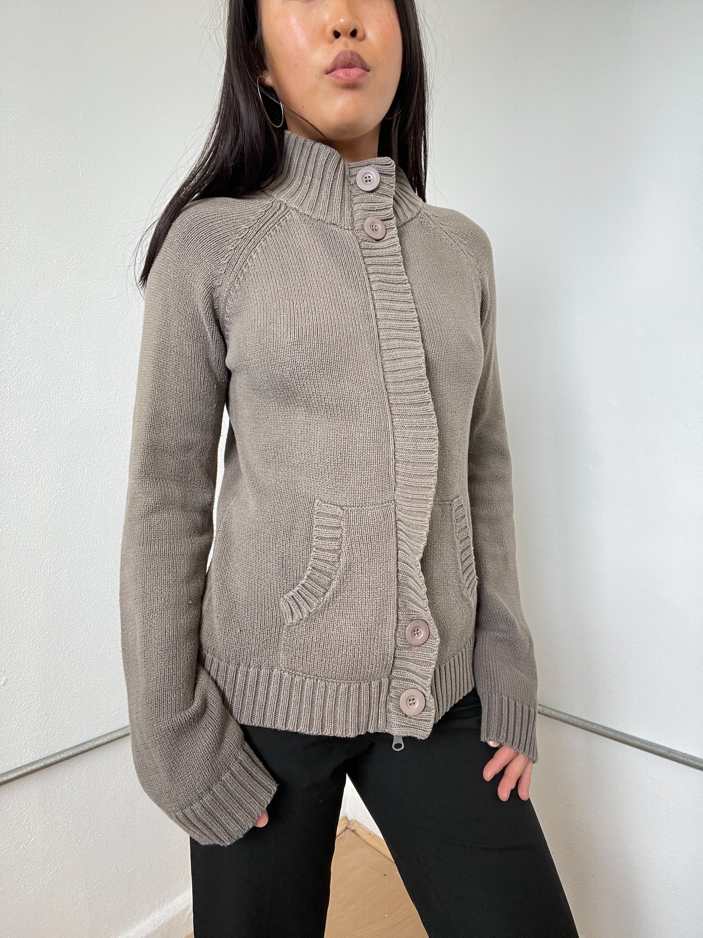 Khaki Green Zip Up Knitted Jumper