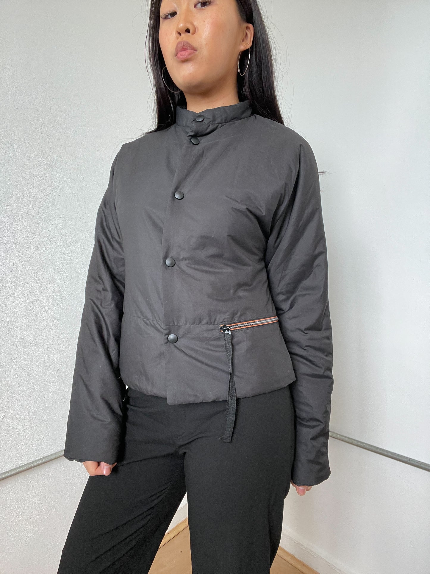 Black Button-Up Cop copine Puffer Jacket