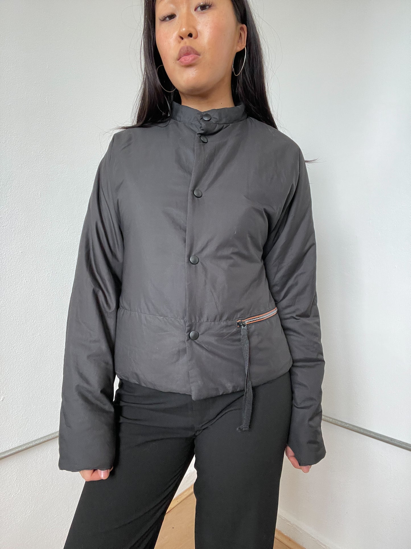 Black Button-Up Cop copine Puffer Jacket