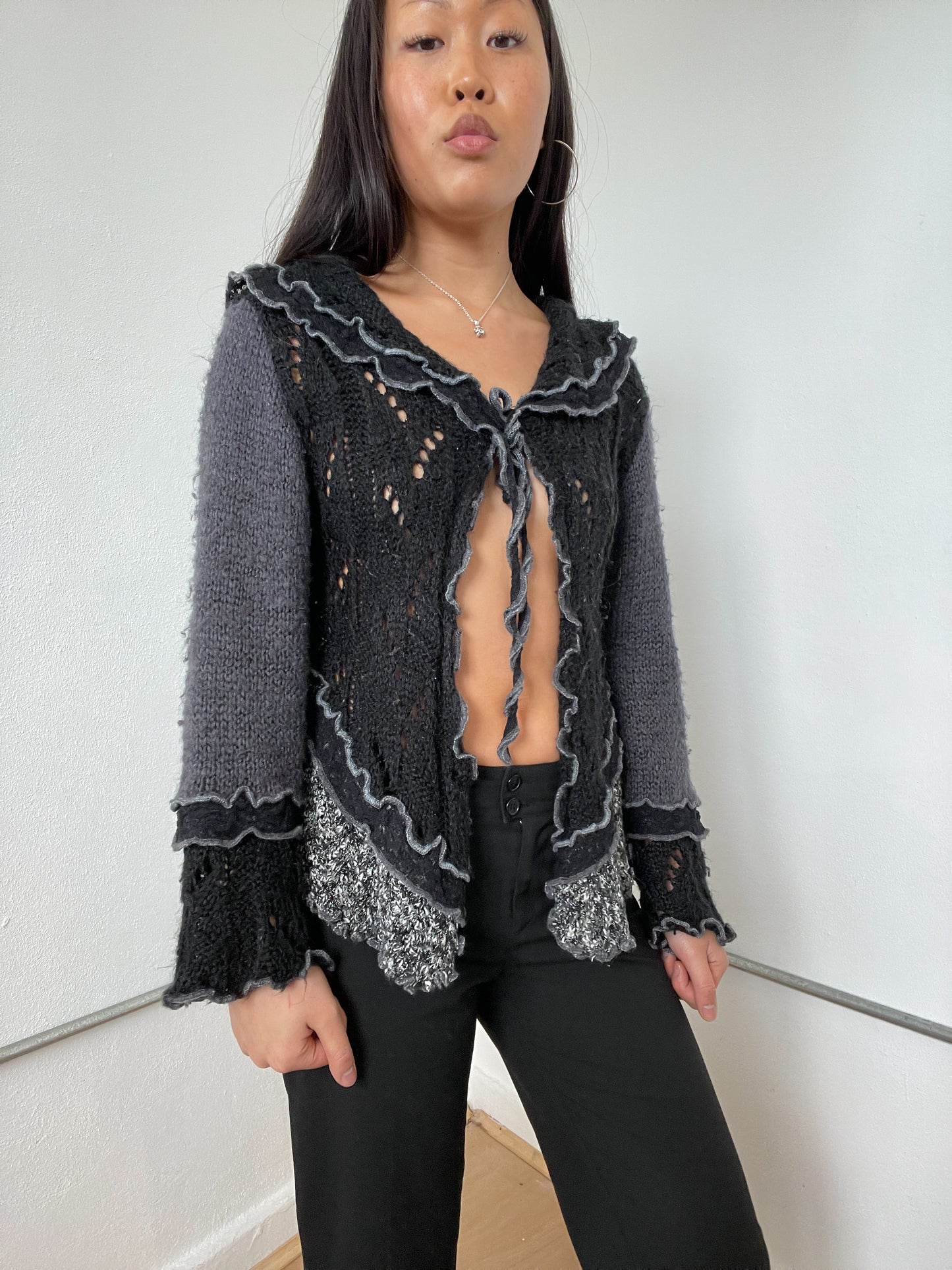 Black And Grey Contrast Knit Cardigan