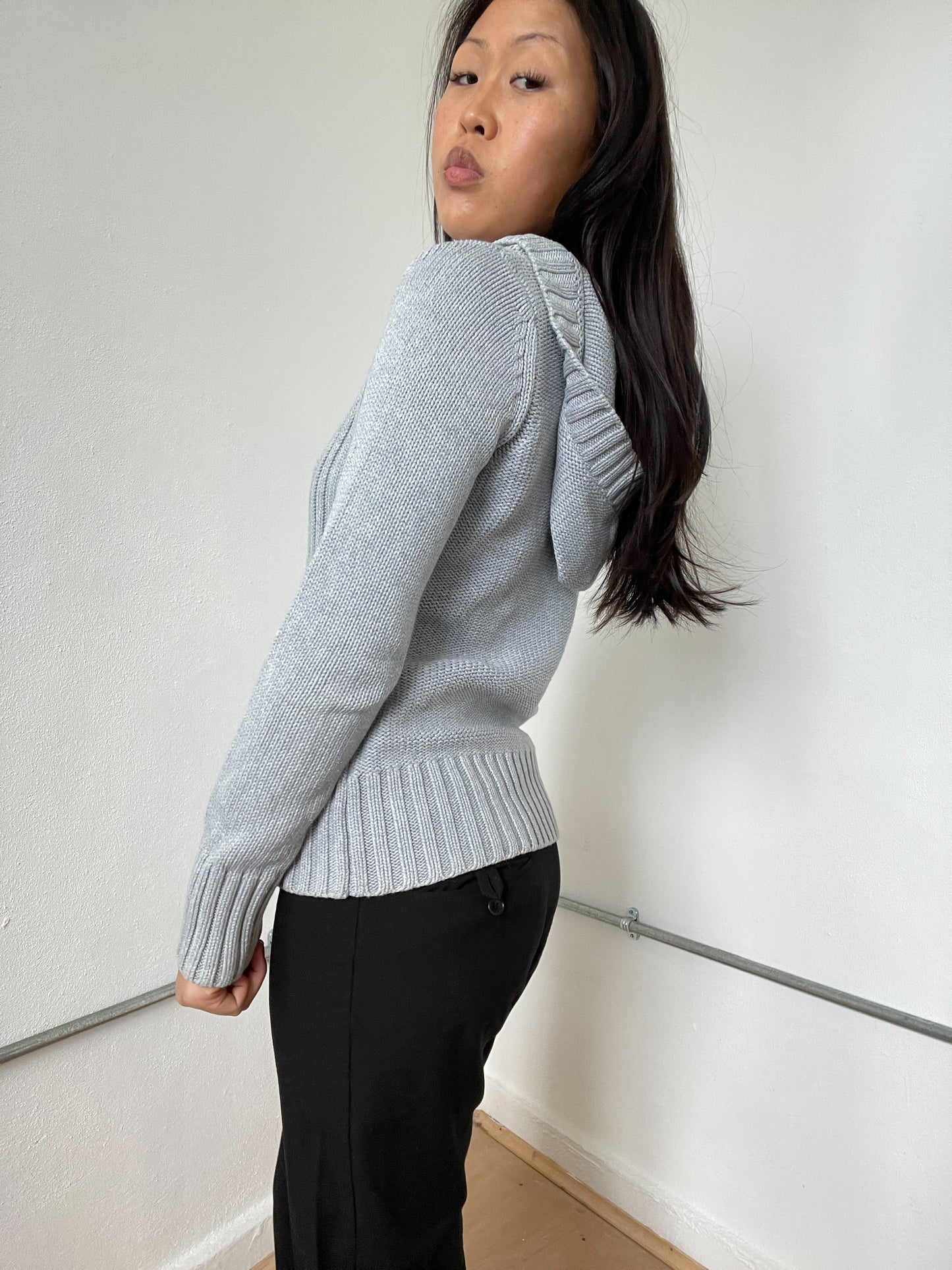 Grey Ribbed Button Up Cardigan