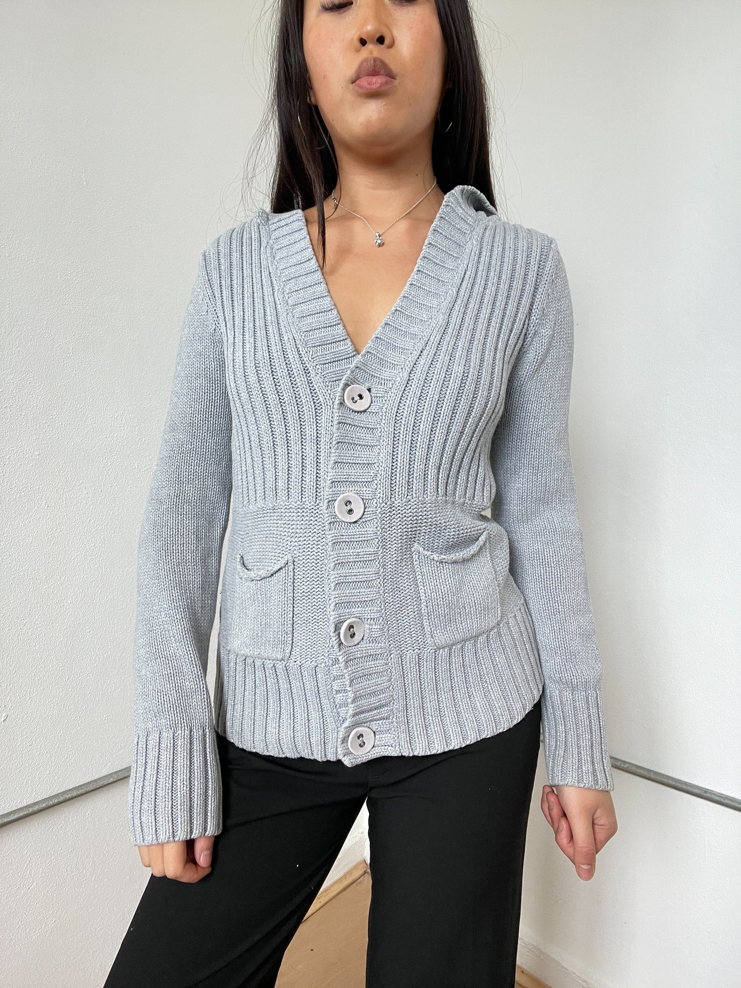 Grey Ribbed Button Up Cardigan