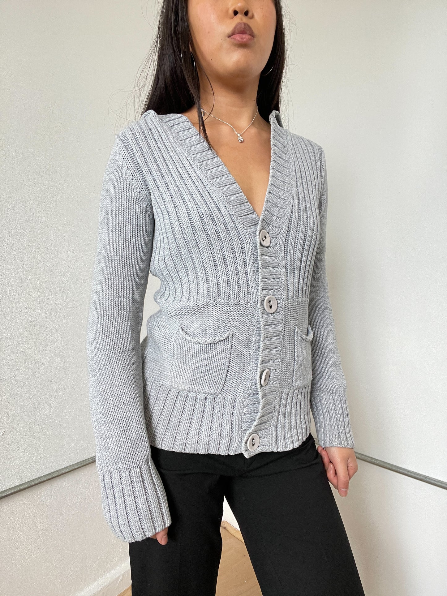Grey Ribbed Button Up Cardigan