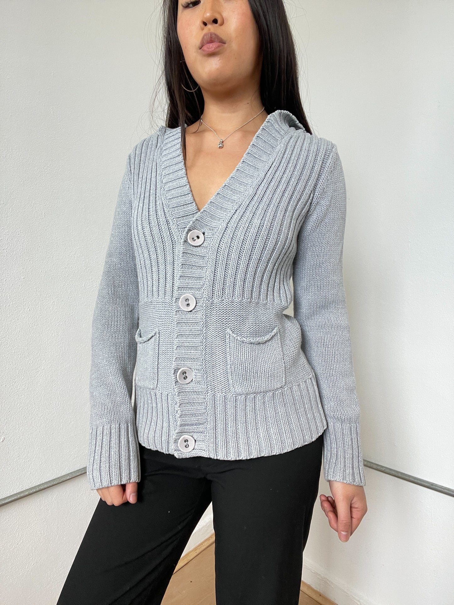 Grey Ribbed Button Up Cardigan