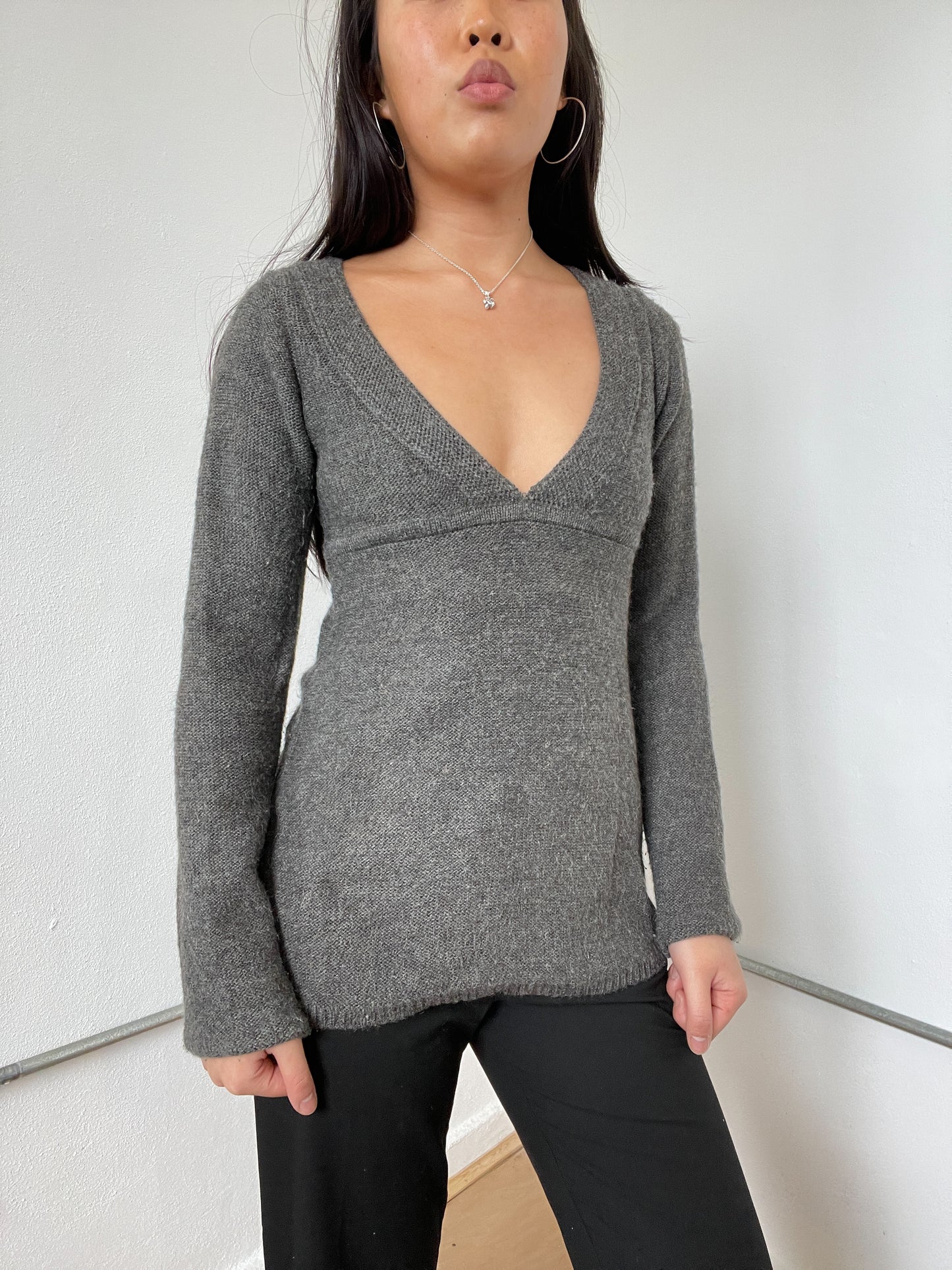 Dark Grey V-Neck Knitted Long Sleeve