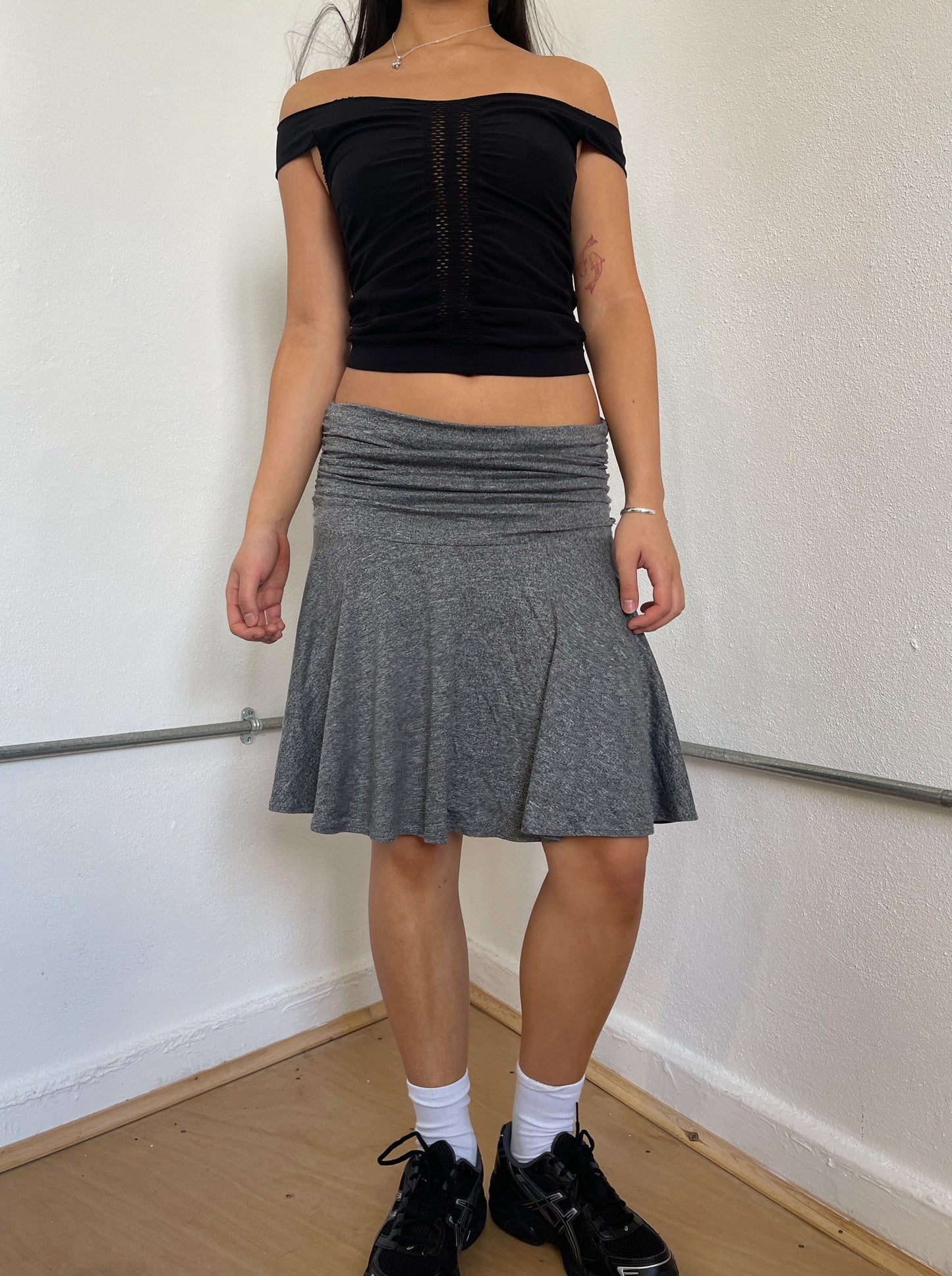 Grey Flowy Gathered Midi Skirt