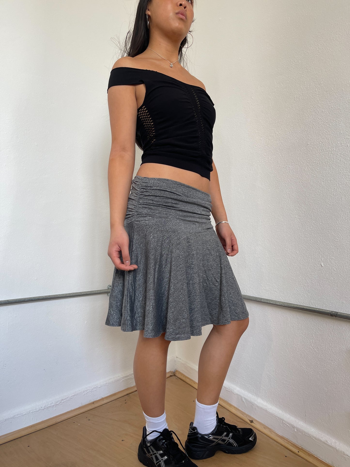 Grey Flowy Gathered Midi Skirt