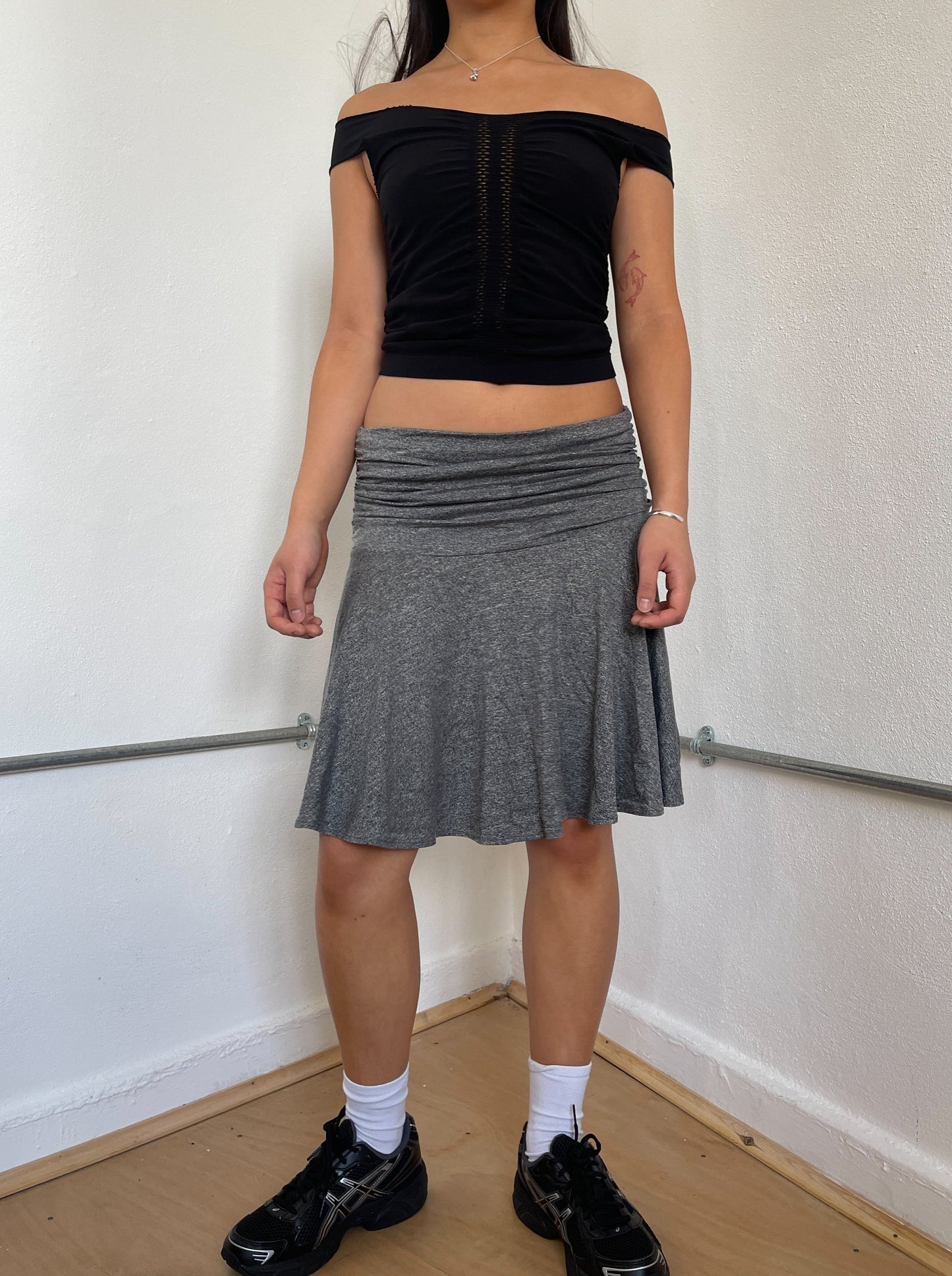 Grey Flowy Gathered Midi Skirt