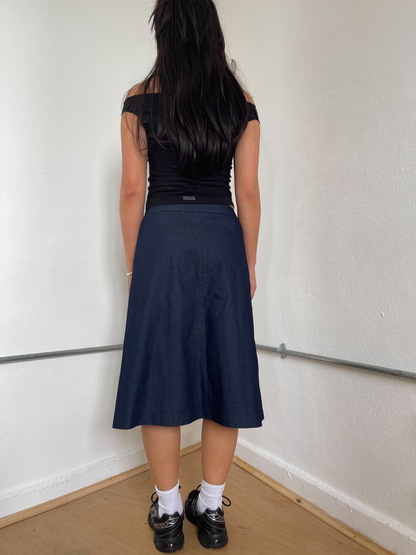 Navy Denim Structured Midi Skirt