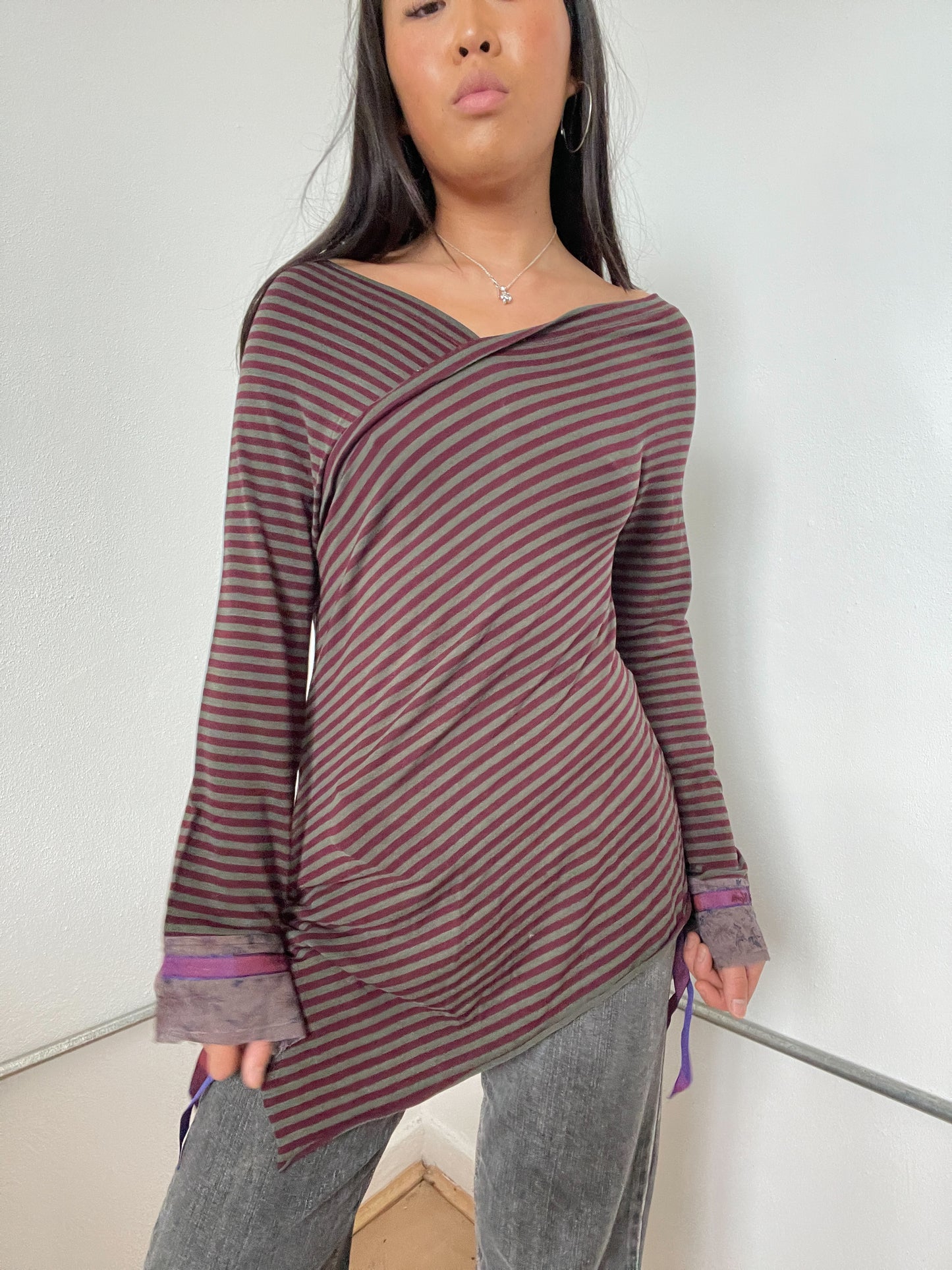 Purple Stripy Asymmetric Cop Copine Tunic Top