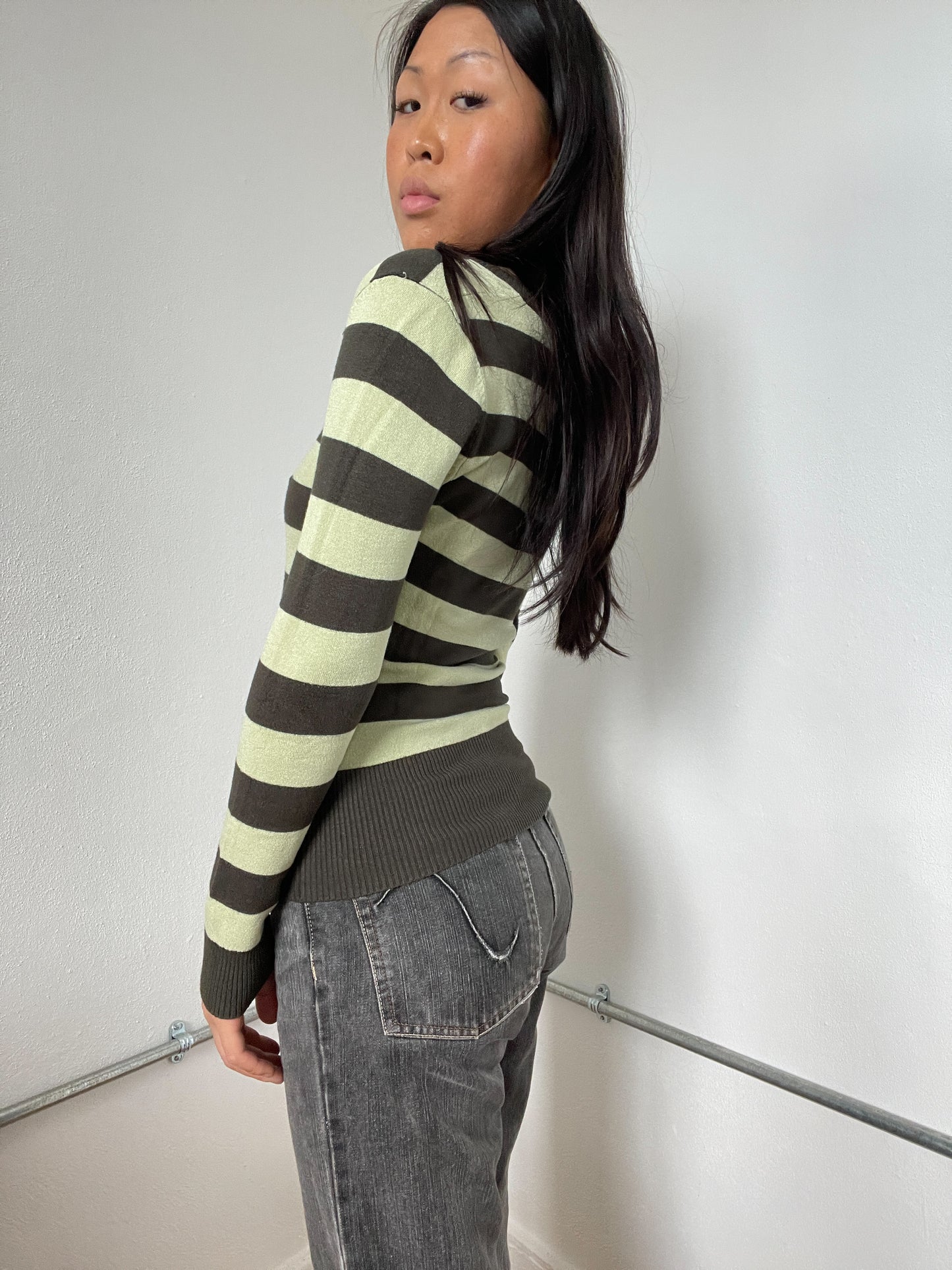 Green Stripy V-Neck Long sleeve