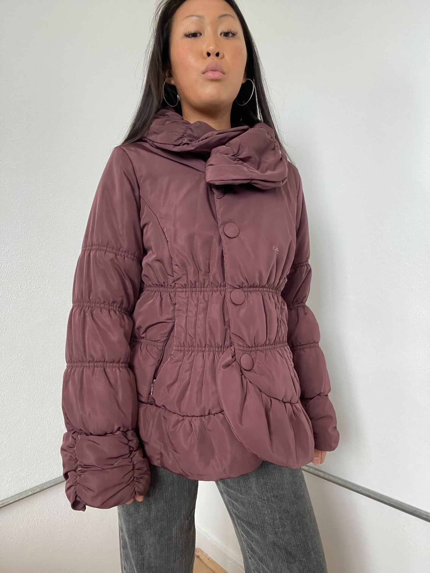 Burgundy Ruched Puffer Jacket