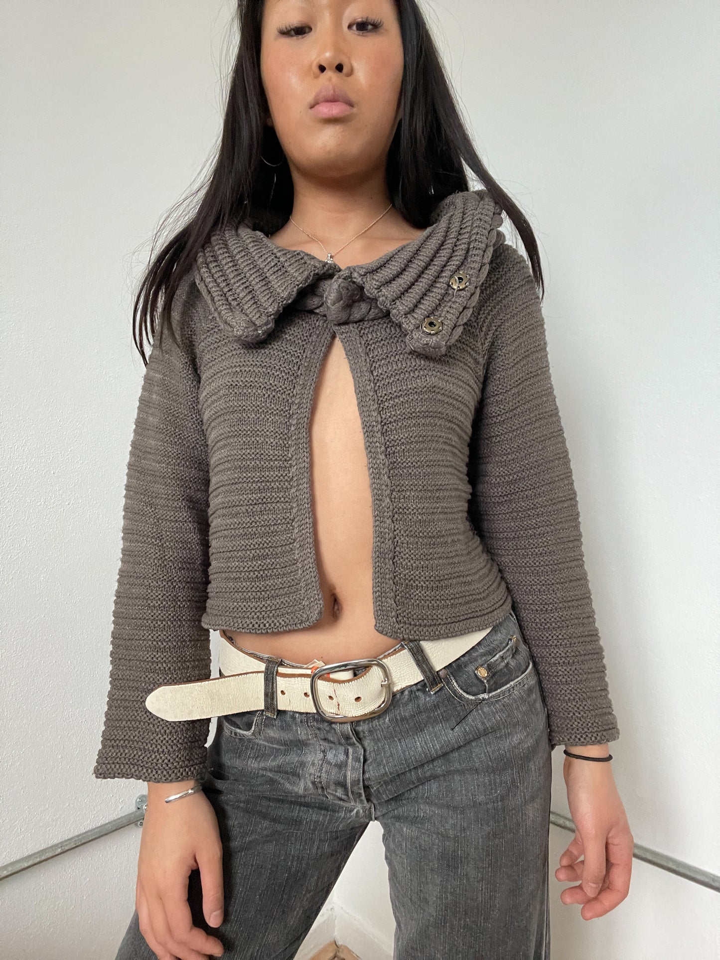 Light Brown Textured Knit Long Sleeve Cardigan