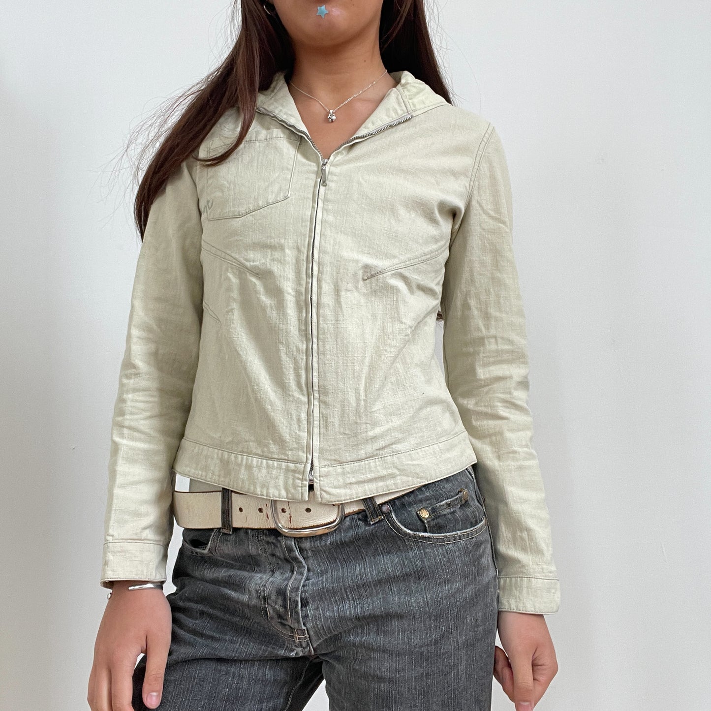 Vintage Beige Hooded Fitted Jacket