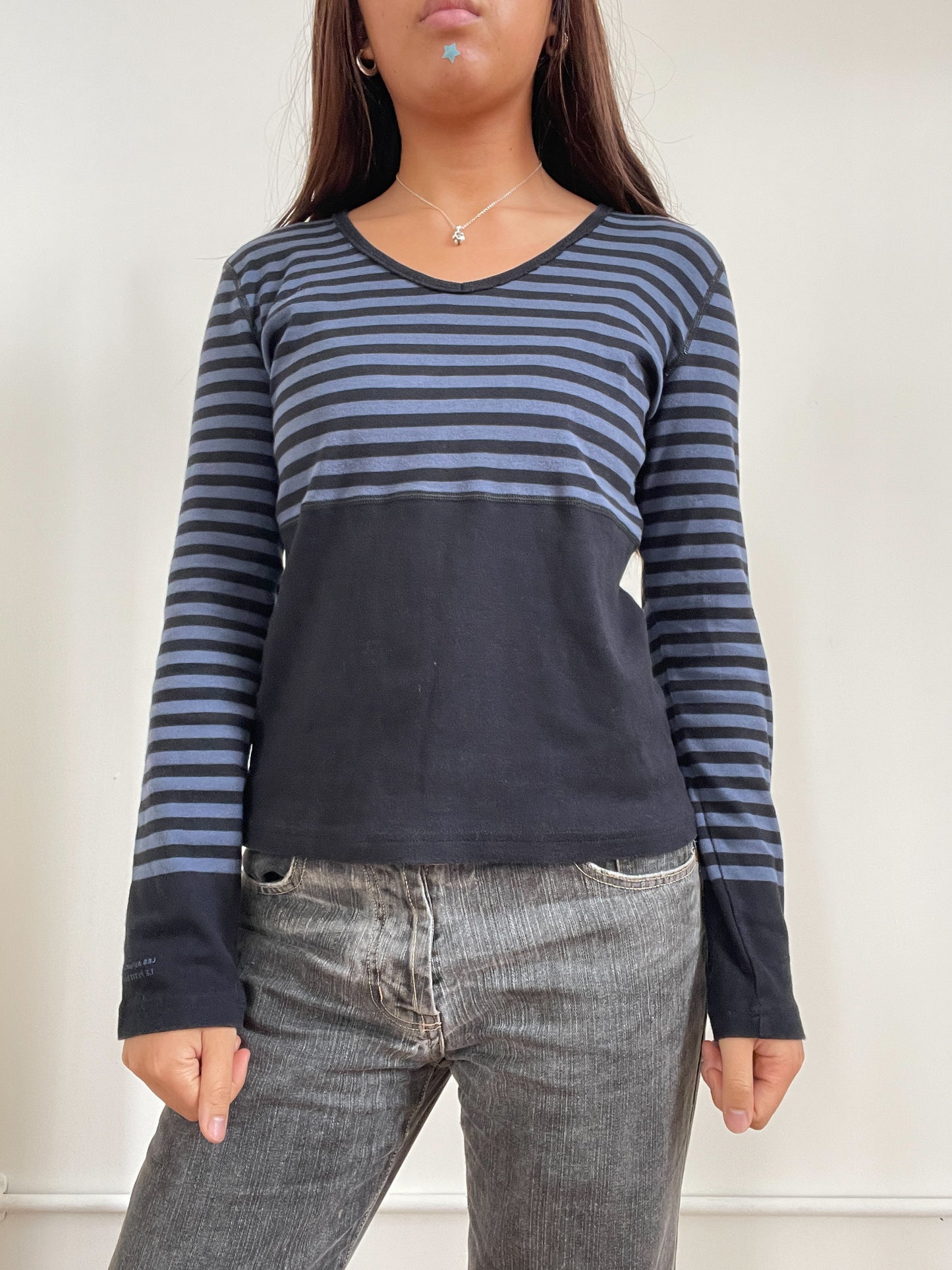 Vintage Navy And Blue Striped V Neck Long Sleeve