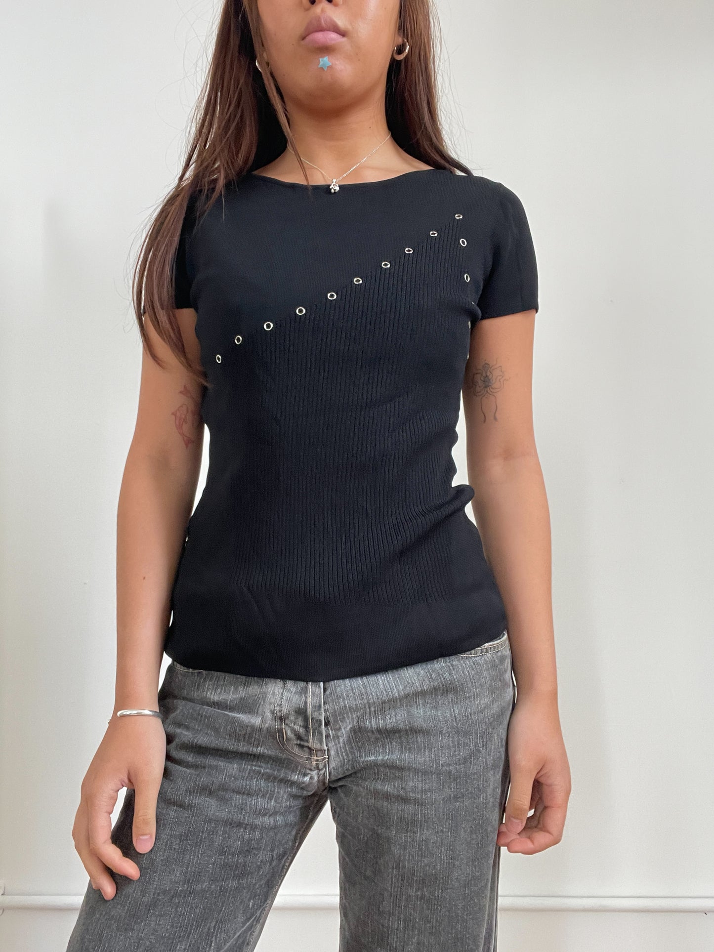 Vintage Black Short Sleeve Top With Eyelet Detail