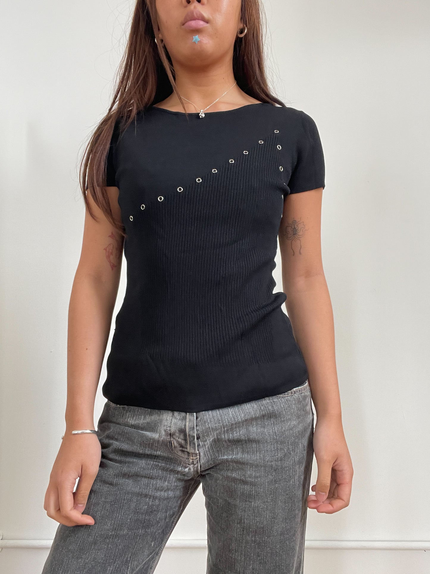 Vintage Black Short Sleeve Top With Eyelet Detail