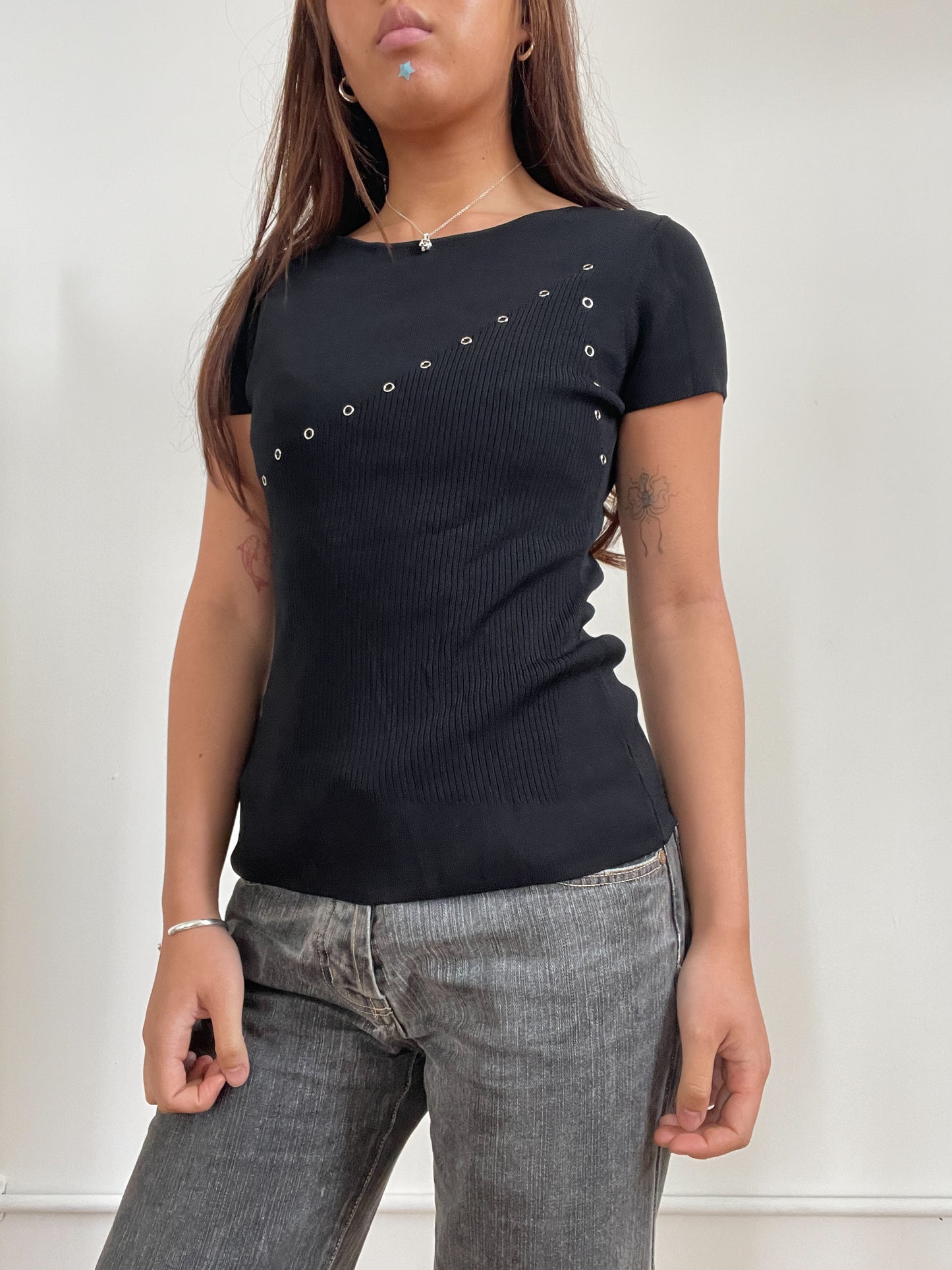 Vintage Black Short Sleeve Top With Eyelet Detail