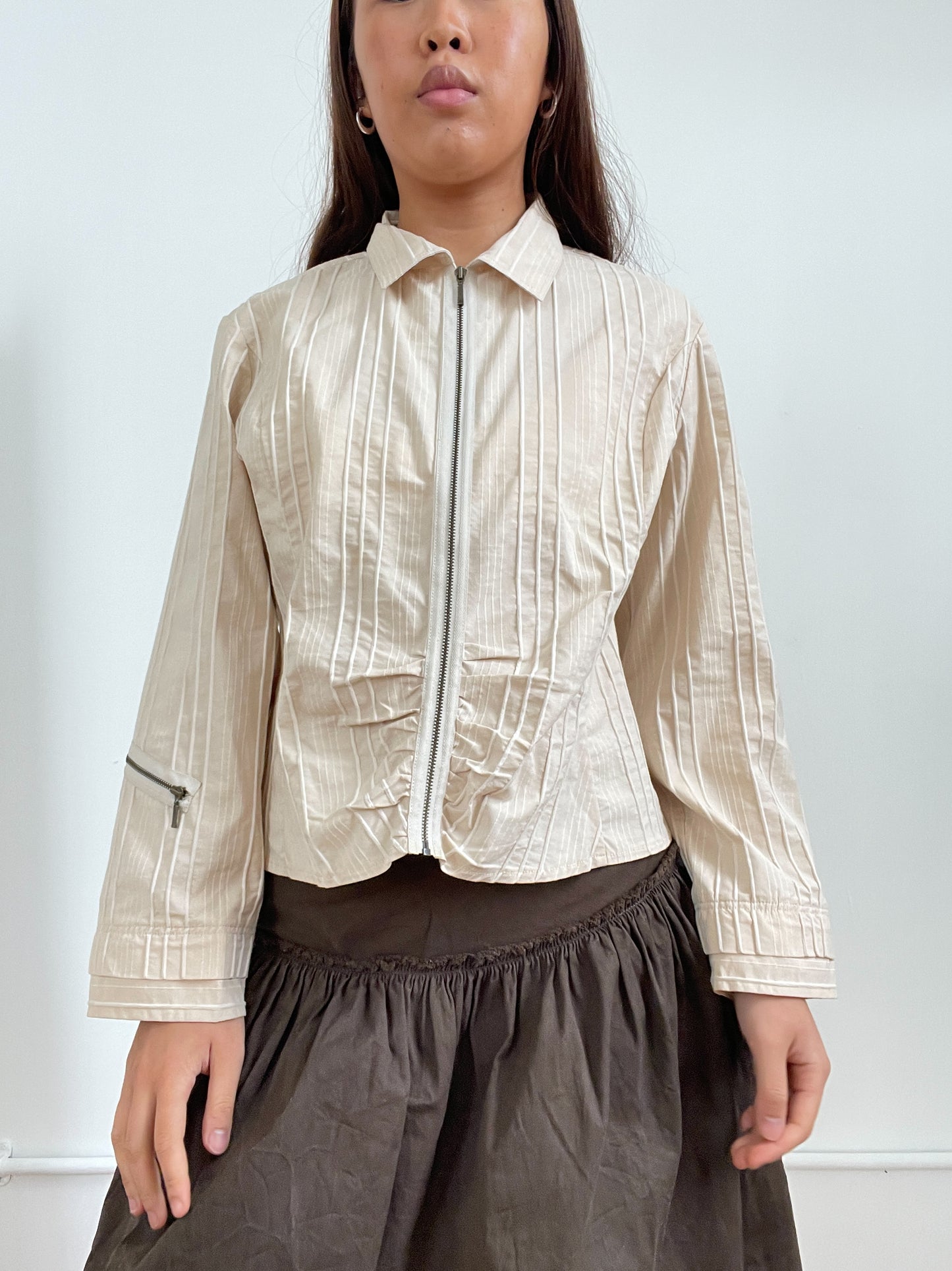 Vintage Light Beige Textured Zip Up Top