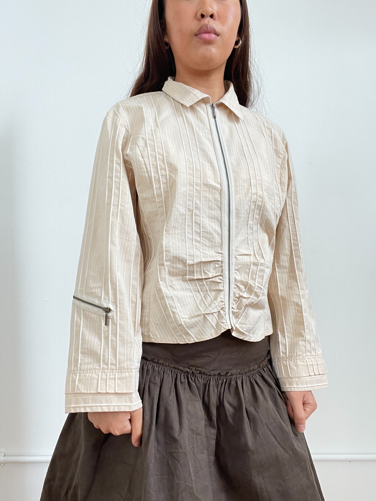 Vintage Light Beige Textured Zip Up Top