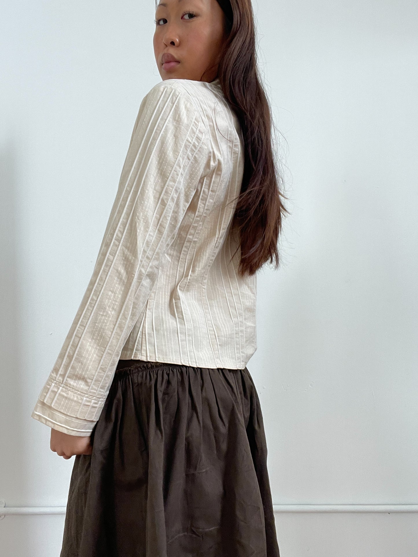 Vintage Light Beige Textured Zip Up Top