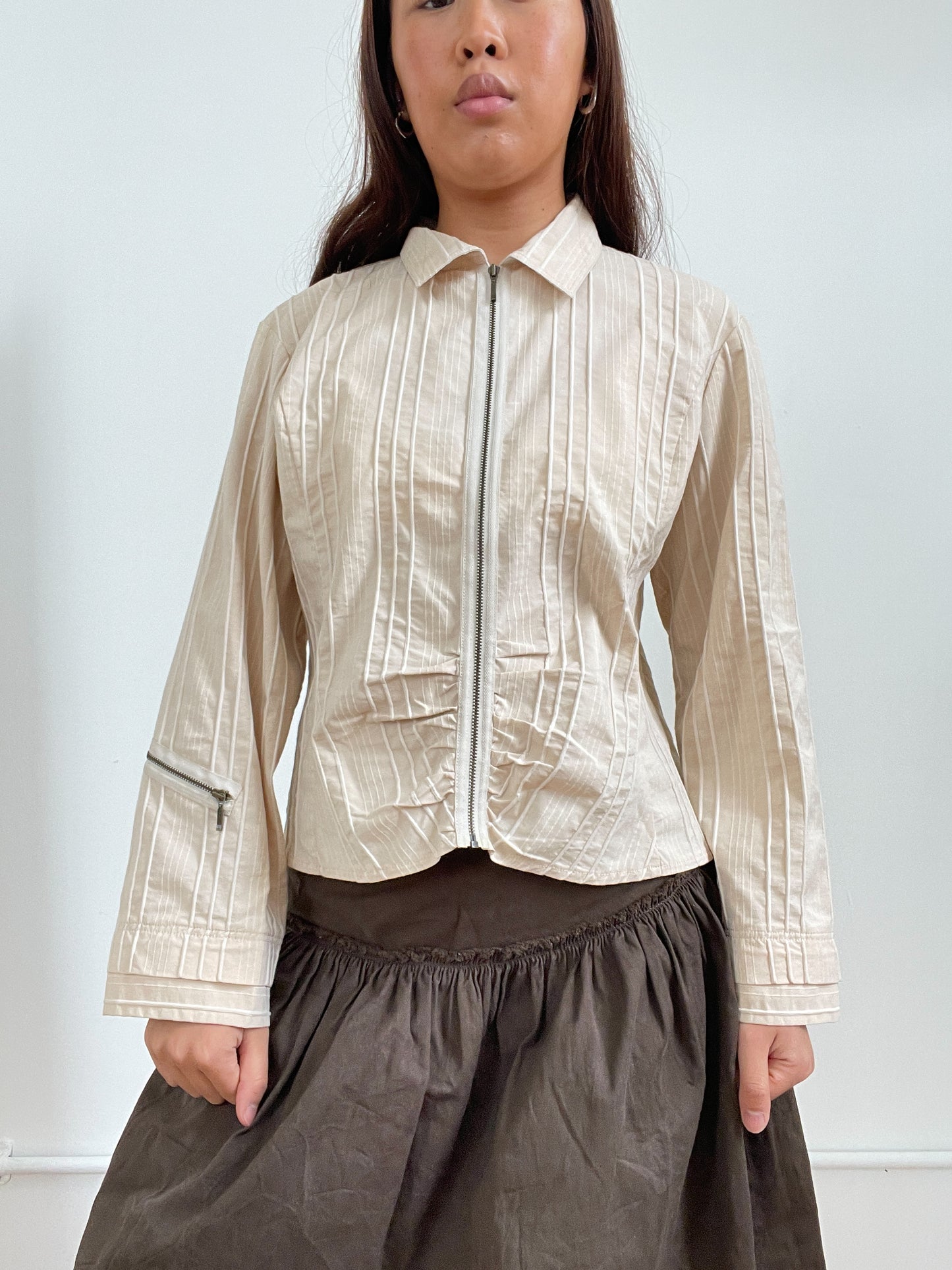 Vintage Light Beige Textured Zip Up Top