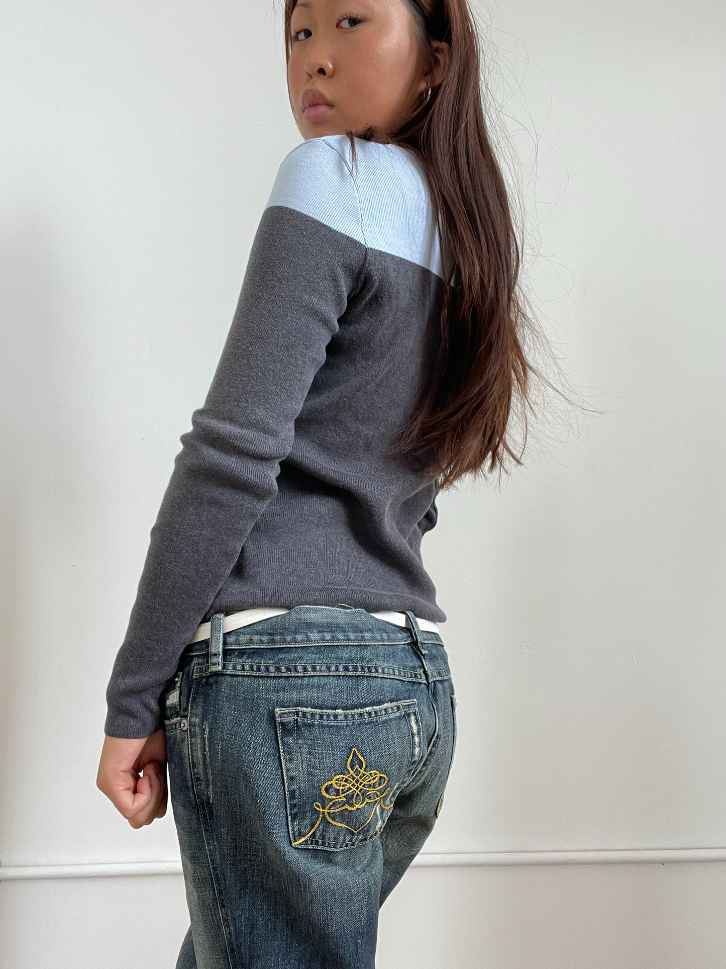 Vintage Blue and Grey Long Sleeve Knitted Top