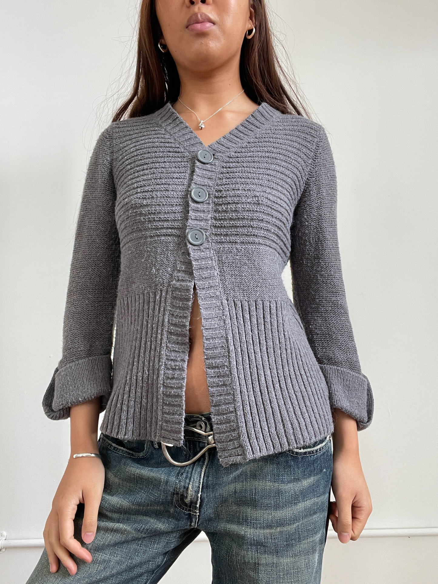 Vintage Grey Button Up Ribbed Cardigan