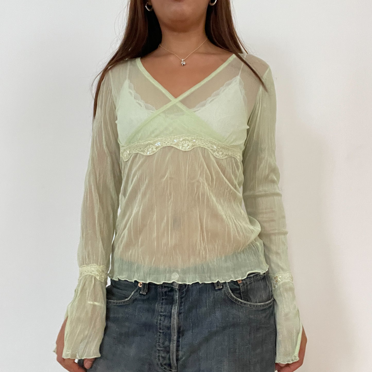 Vintage Green Sheer Long Sleeve Top