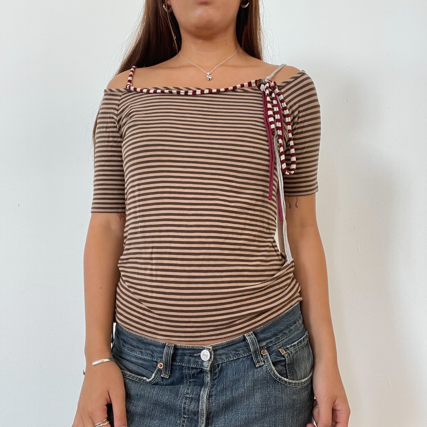 Brown Stripy Off The Shoulder Cop Copine Top