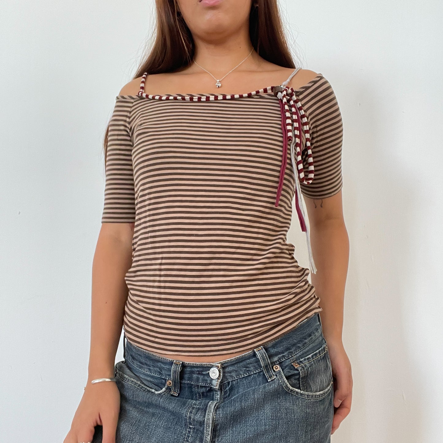 Brown Stripy Off The Shoulder Cop Copine Top