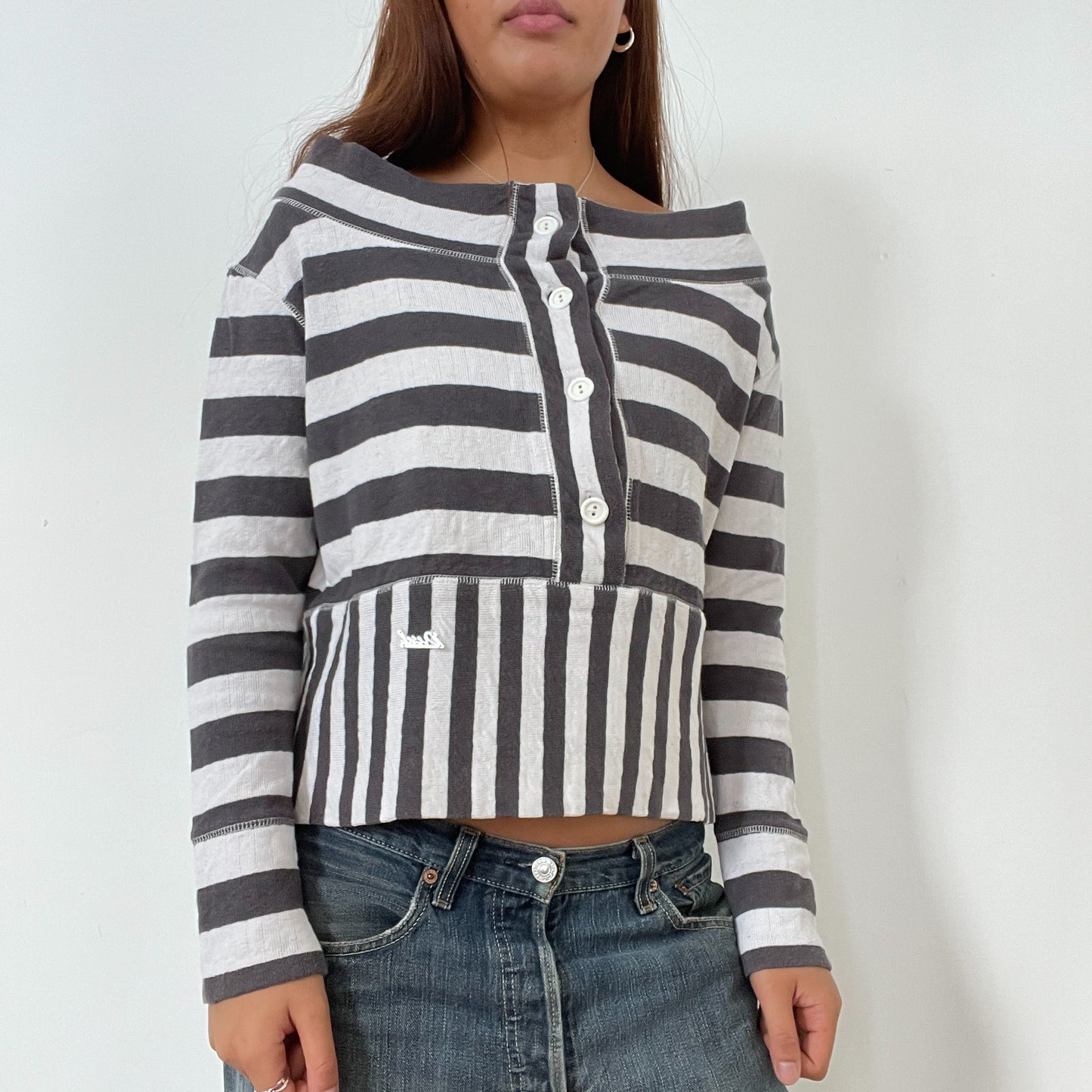 Vintage Grey And White Off The Shoulder Diesel Jumper