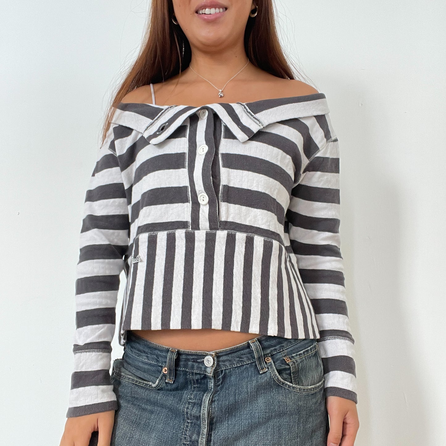 Vintage Grey And White Off The Shoulder Diesel Jumper