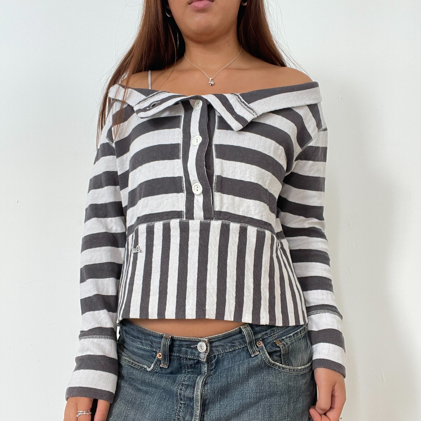 Vintage Grey And White Off The Shoulder Diesel Jumper