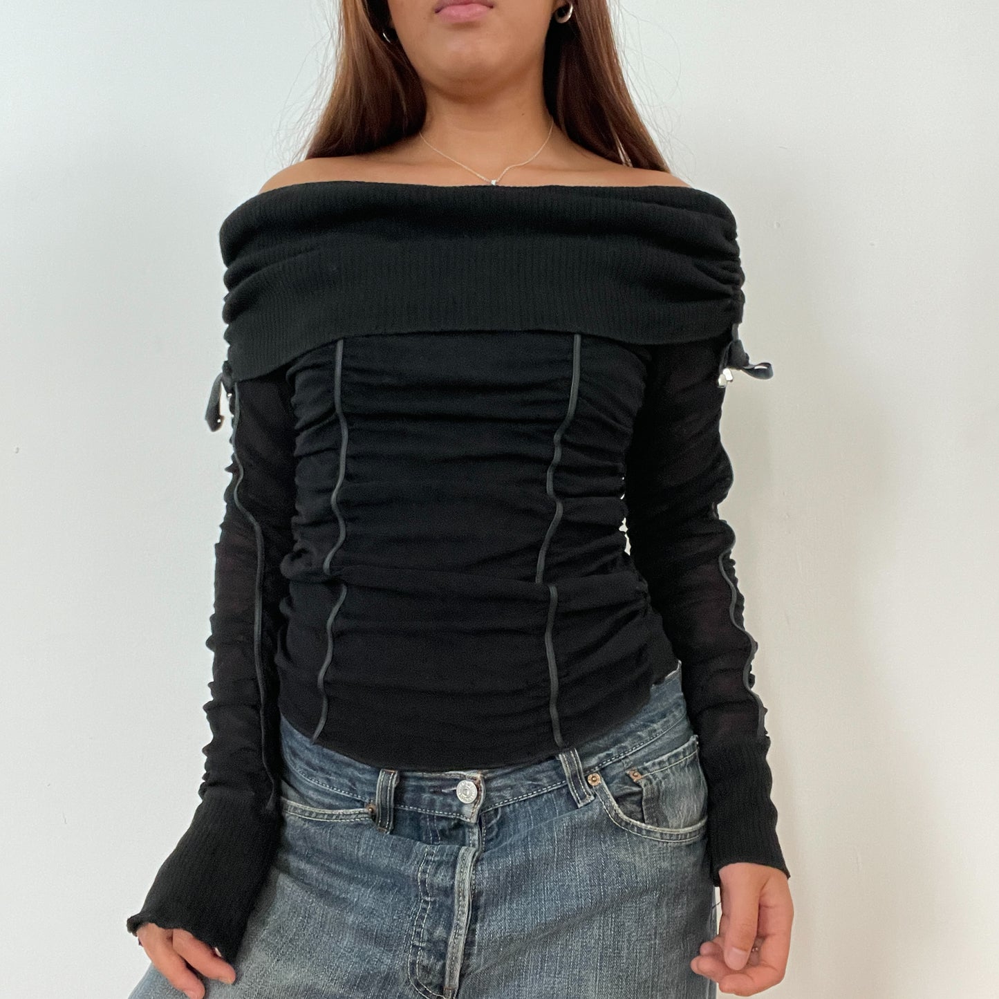 Vintage Black Knitted Off The Shoulder Top