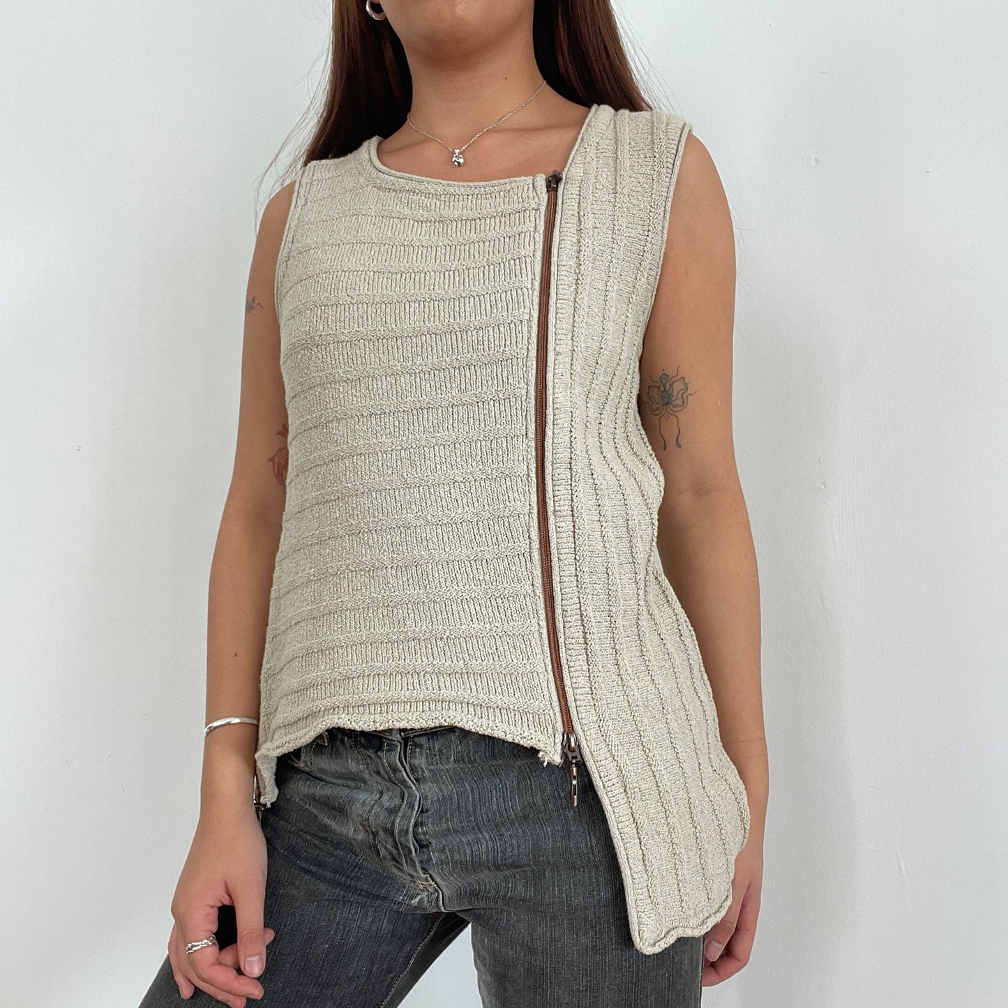 Vintage Beige Asymmetric Knitted Vest