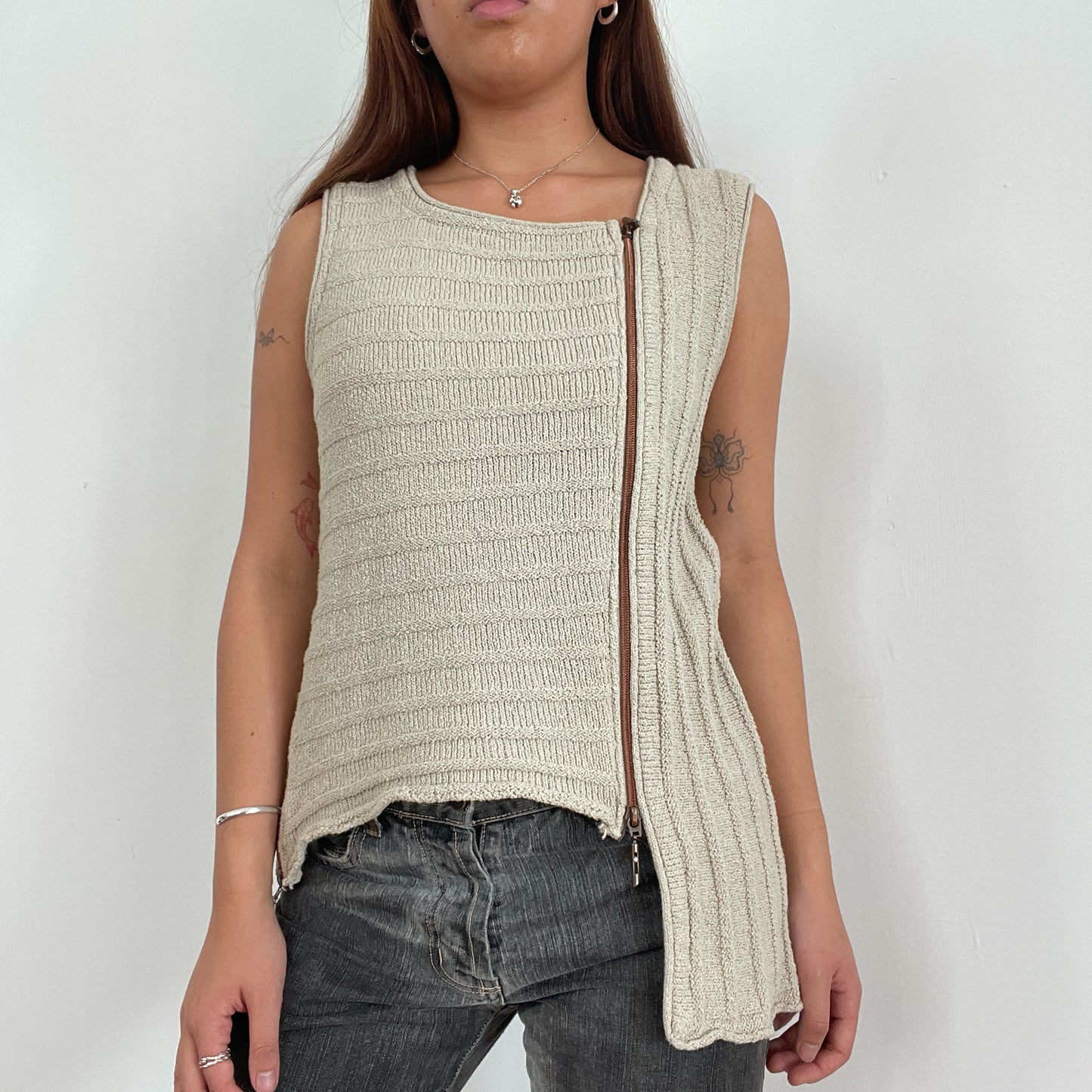 Vintage Beige Asymmetric Knitted Vest