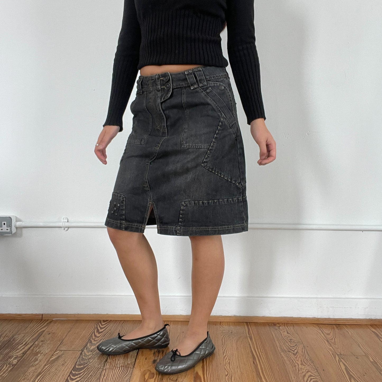 Vintage Grey Washed Denim Midi Skirt