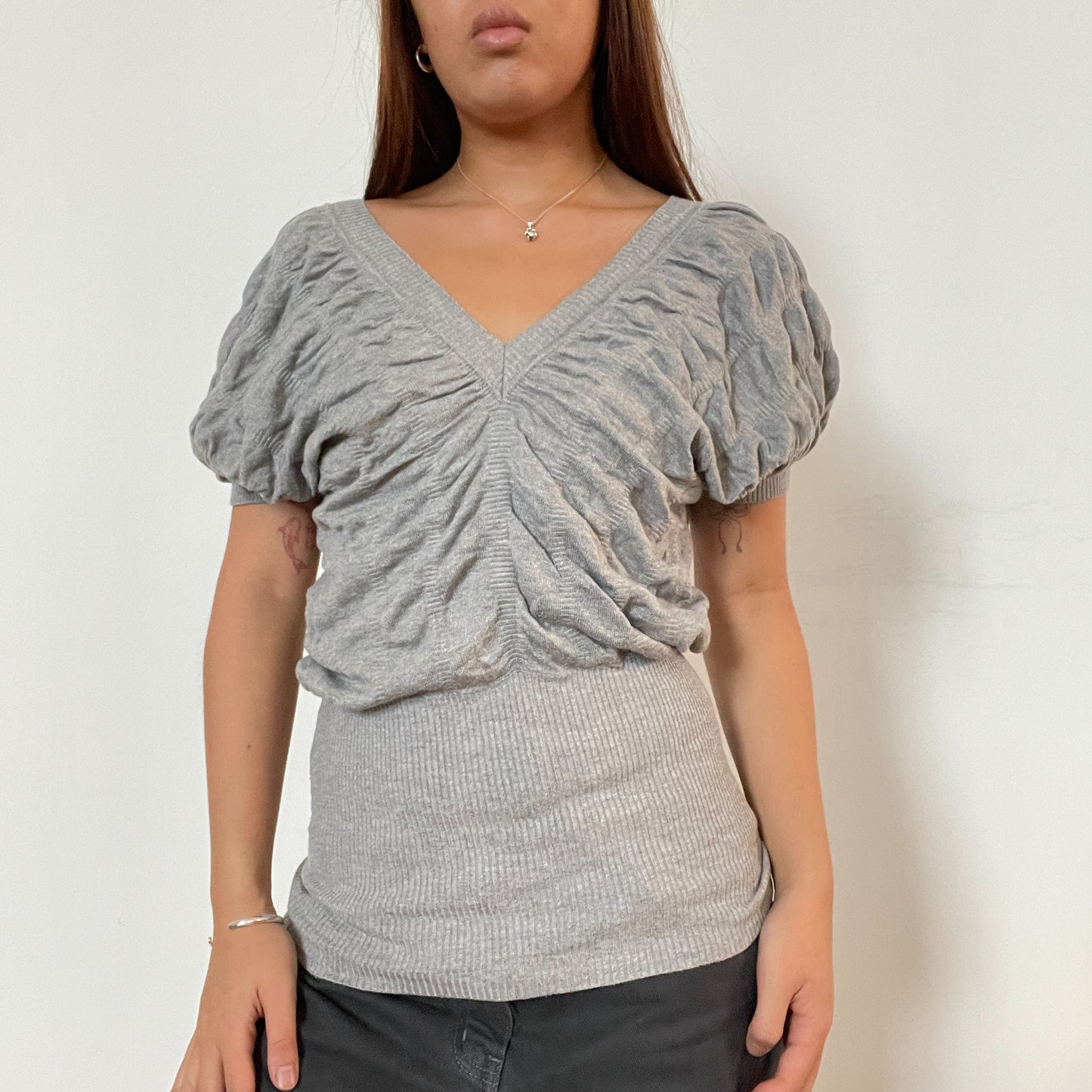 Vintage grey v neck ruched knit jumper