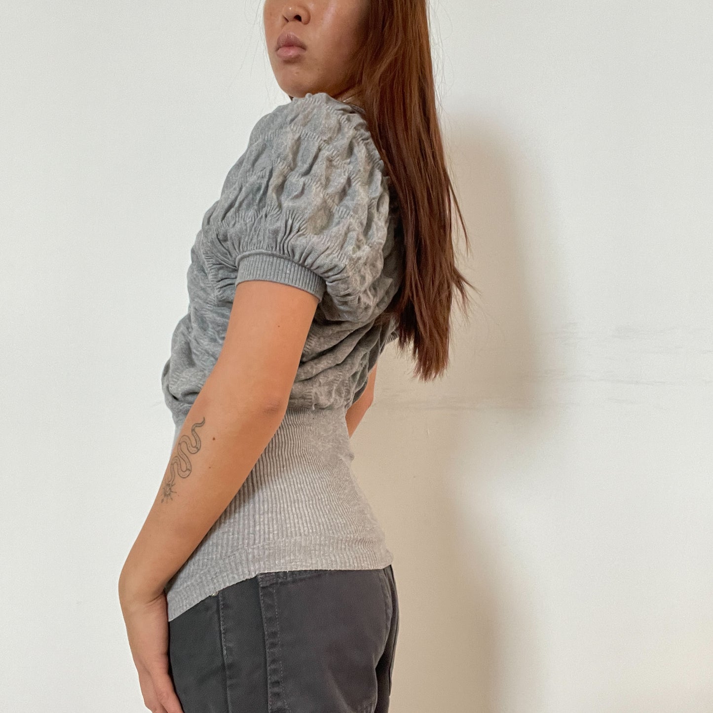 Vintage grey v neck ruched knit jumper