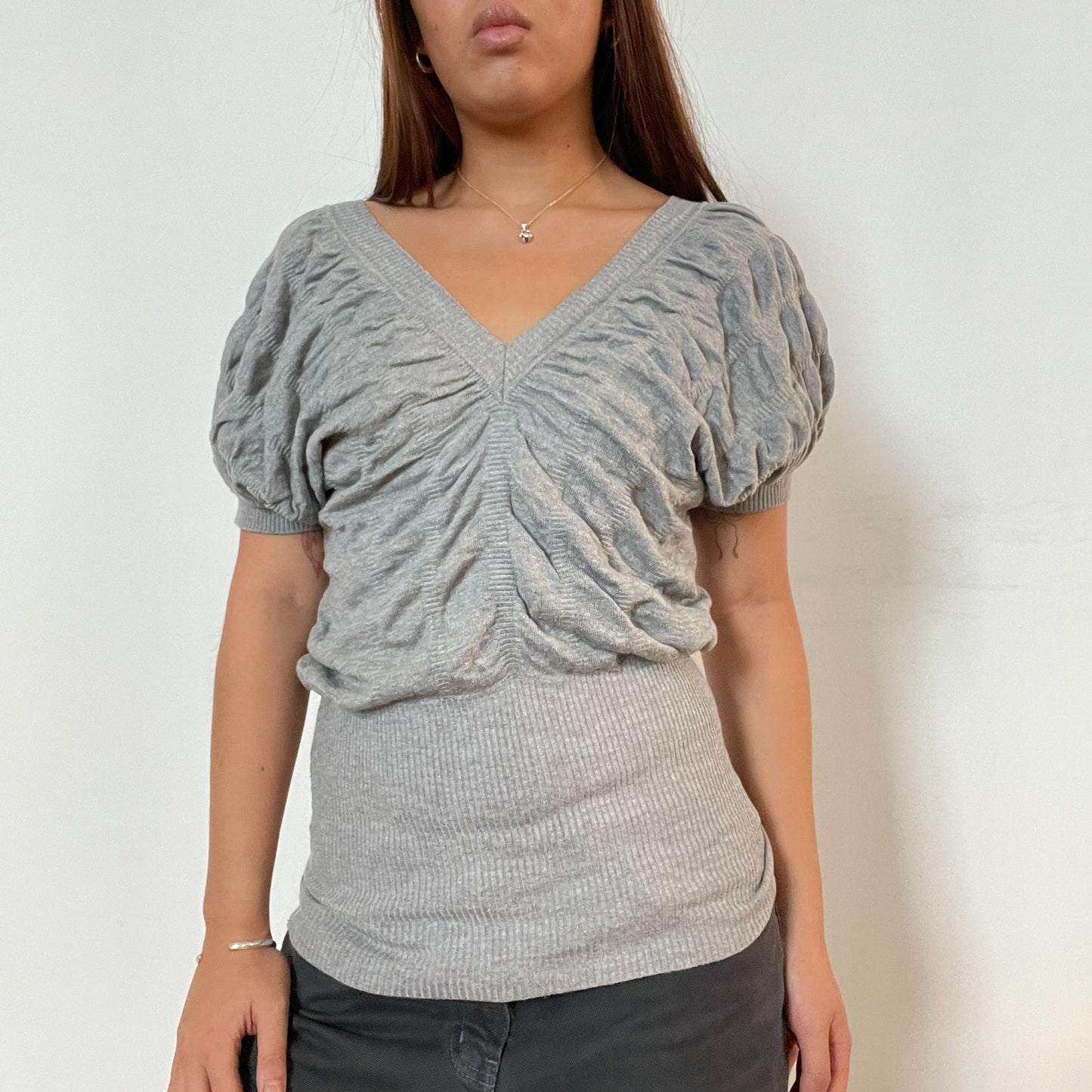 Vintage grey v neck ruched knit jumper