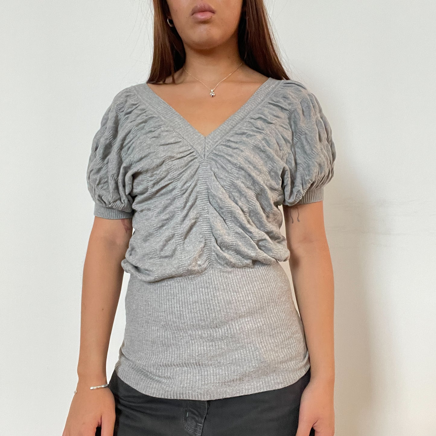 Vintage grey v neck ruched knit jumper