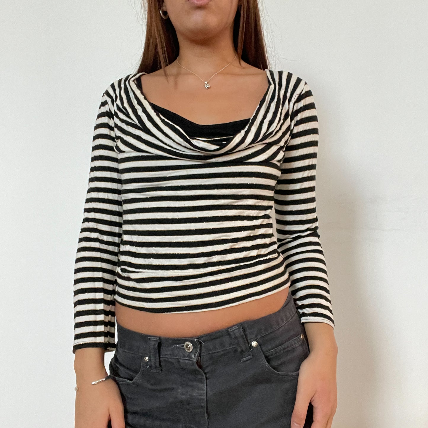 Vintage striped cowl neck long sleeve top with black underlayer