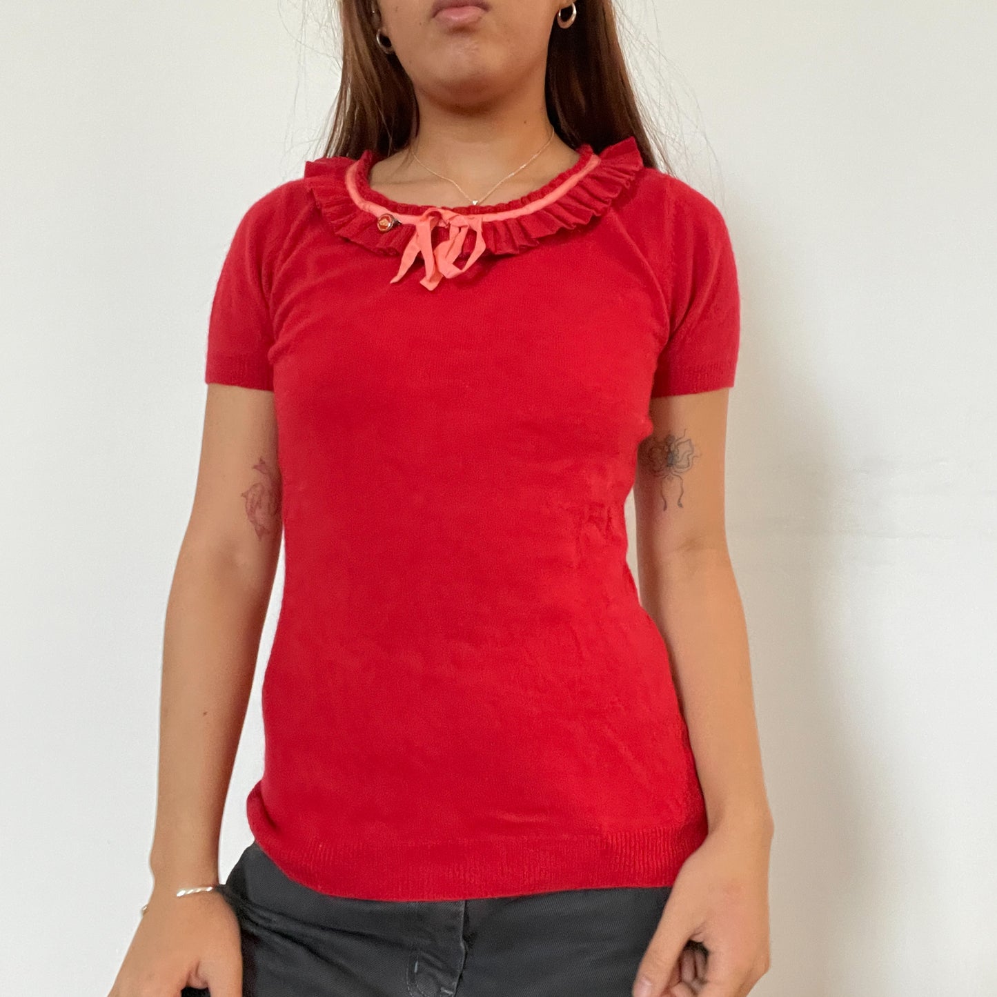 Vintage red knit tee with frill and ribbon detail around neckline