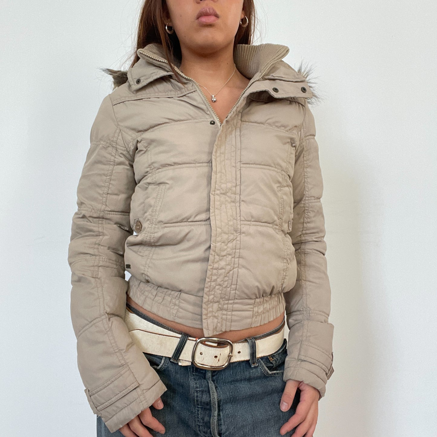 Vintage Beige Puffer Bomber Jacket