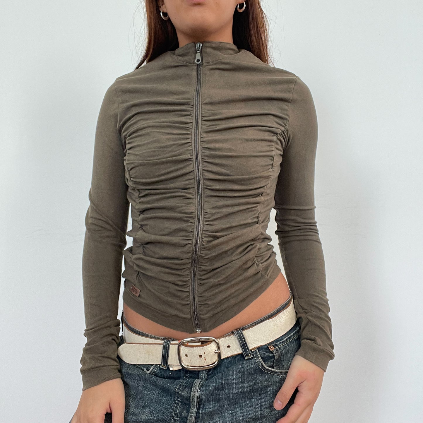 Vintage Khaki Ruched Zip Up Jumper