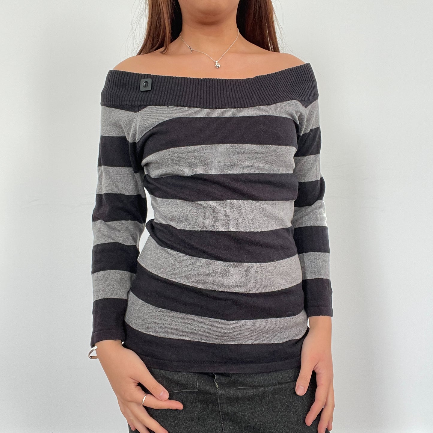 Vintage Grey Stripy Bardot Knit Jumper