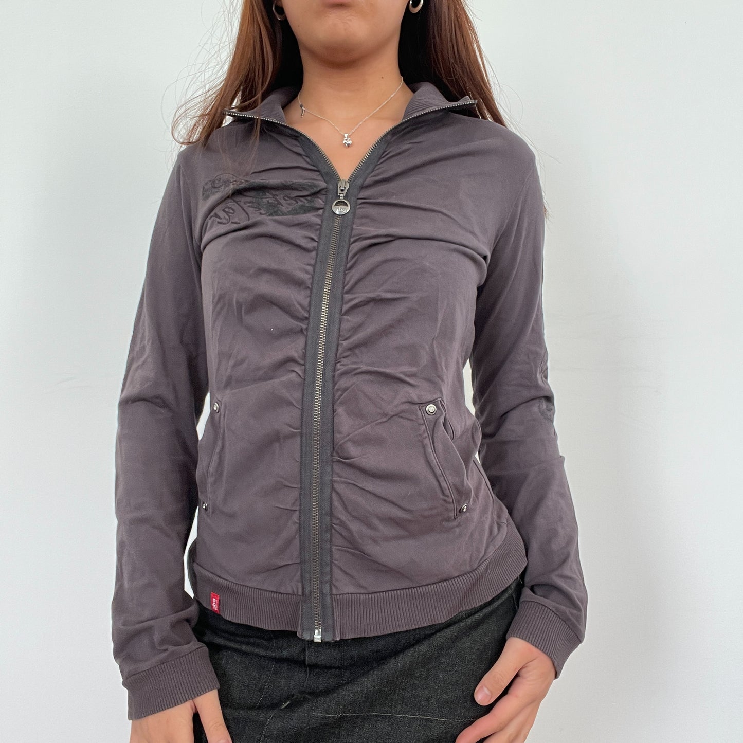 Vintage Purple Grey Zip Up Ruched Jumper