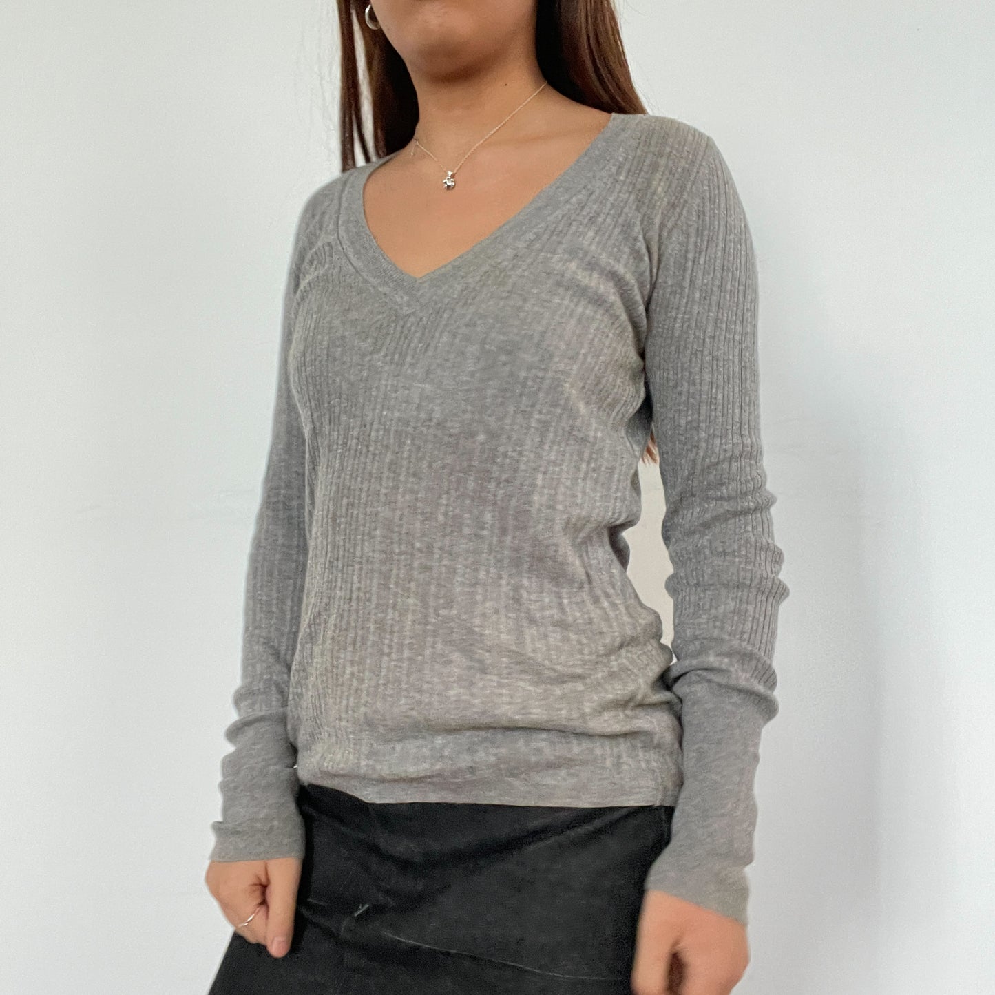 Vintage Grey Ribbed V-Neck Knit Jumper