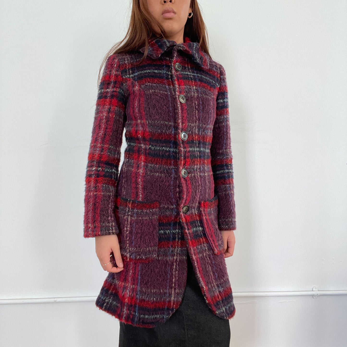 Vintage Red Purple Plaid Wool Coat